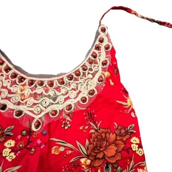 Beaded Crochet Trim Halter Tank Top Red‎ Floral XS S BOHO Hippie Western Beach - Picture 5 of 12